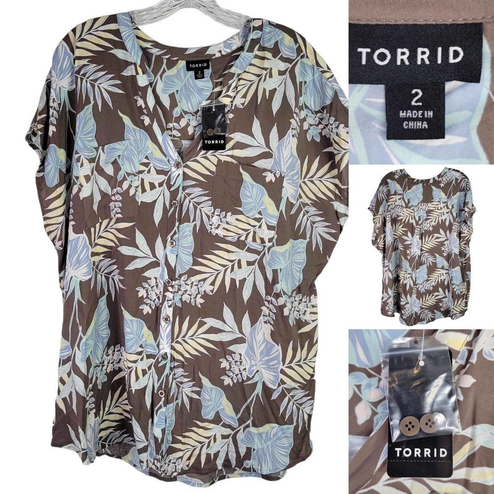Torrid Plus Size 2X Tropical Floral Blouse Top Tunic Challis Short Sleeve Pocket